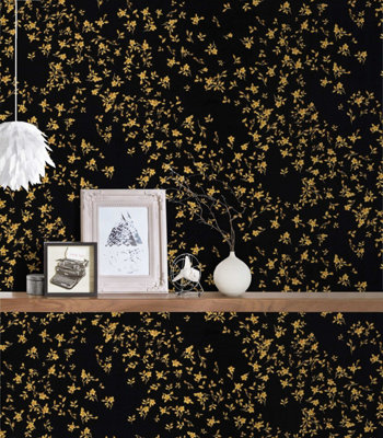 As Creation Bricoflor Black Wallpaper With Yellow Flower Detail Black And Yellow Floral Wallpaper 10.05 X 0.70 M from B&Q