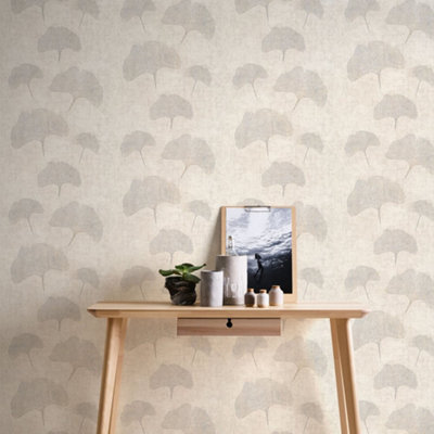 Galerie Havana Greige Ginkgo Leaf Textured Wallpaper from B&Q