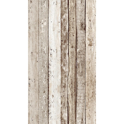 B&Q -  Bricoflor Panel Effect Wood Design Self-Adhesive Wallpaper In BeigeBrown Country House Peel And Stick Wallpaper 2.50 X 0.35 M