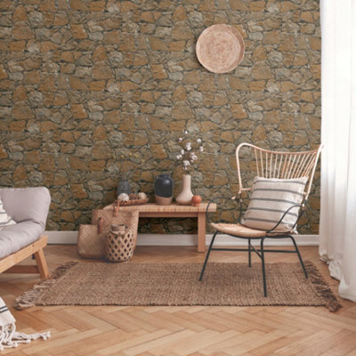 Galerie Bronze Brown Claystone Cottage Motif Wallpaper from B&Q
