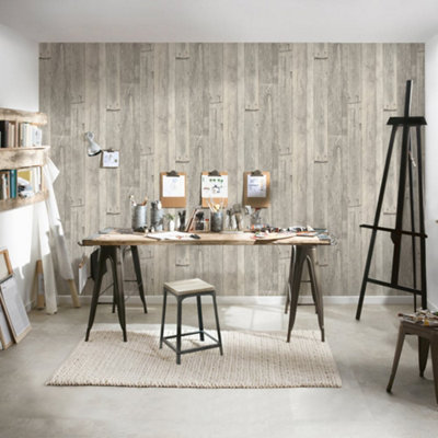 Galerie Beige Reclaimed Wood Effect Motif Wallpaper from B&Q
