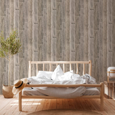 Galerie Beige Reclaimed Wood Effect Motif Wallpaper from B&Q
