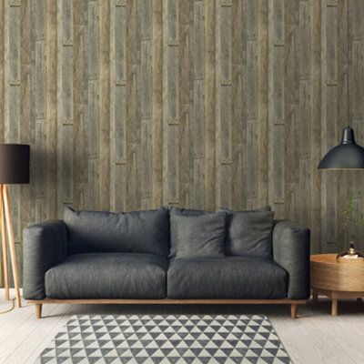 Galerie Bronze Brown Reclaimed Wood Effect Motif Wallpaper from B&Q
