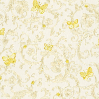 As Creation Bricoflor White And Gold Wallpaper Damask Style With Gold Sparkle Butterflies Offset Match 64/32Cm 10.05 X 0.70 M from B&Q