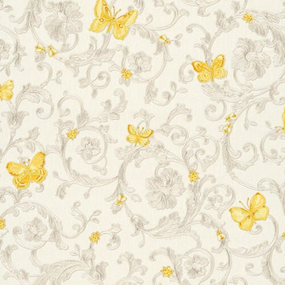 As Creation Bricoflor Ivory And Silver Damask Style Wallpaper With Gold Butterflies Glitter Offset Match 64/32Cm 10.05 X 0.70 M from B&Q