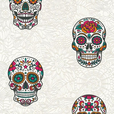 As Creation Skull Wallpaper Gothic Floral & Multicoloured Textured Vinyl White