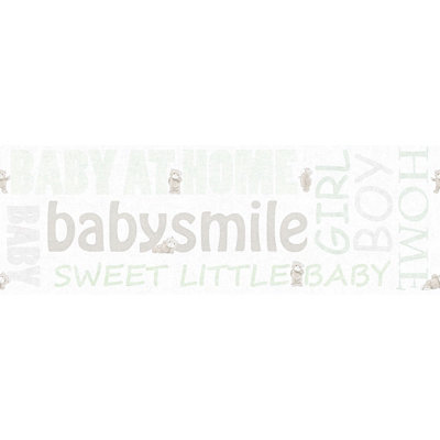B&Q -  Nursery Room Neutral Beige White Wallpaper Border With Word PatterningBorder Wallpaper With Teddy