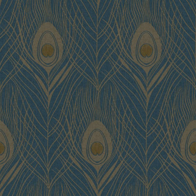 Galerie Absolutely Chic Blue Yellow Metallic Peacock Feather Motif Smooth Wallpaper from B&Q