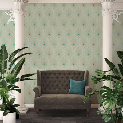 Galerie Absolutely Chic Blue Green Metallic Peacock Feather Motif Smooth Wallpaper from B&Q