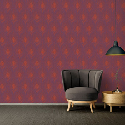 Galerie Absolutely Chic Metallic Red Lilac Peacock Feather Motif Smooth Wallpaper from B&Q