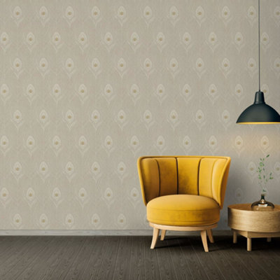 Galerie Absolutely Chic Beige Grey Metallic Peacock Feather Motif Smooth Wallpaper from B&Q
