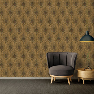 Galerie Absolutely Chic Brown Metallic Black Peacock Feather Motif Smooth Wallpaper from B&Q