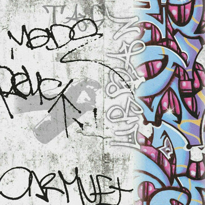B&Q -  A.s Creation Kids Graffiti Blue Grey Red Boys & Girls Wallpaper 36986-1