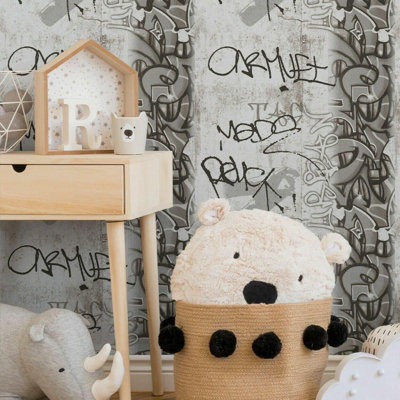 B&Q -  A.s Creation Kids Graffiti Anthracite Grey White Boys & Girls Wallpaper 36986-3