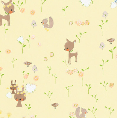 B&Q -  A.s Creation Woodland Animals Girls Boys & Wallpaper Yellow Brown Green 36988-2