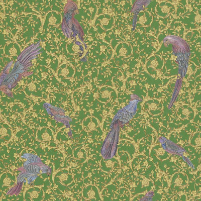 As Creation Bricoflor Purple Bird Green Background Gold Ornaments Baroque Wallpaper Hardwearing Non-Woven Vinyl Wallpaper 10.05 X 0.70 M from B&Q