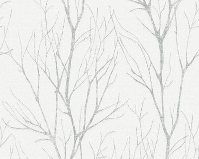 As Creation White Silver Metallic Forest Tree Branches Birch Woods Wallpaper from B&Q