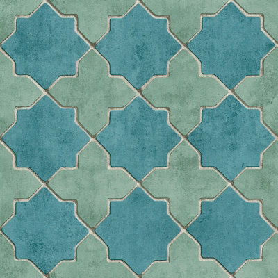 As Creation Bricoflor Geometric Design Contemporary Wallpaper Modern Blue Green Beige Tile Effect Wallpaper 10.05 X 0.53 M from B&Q