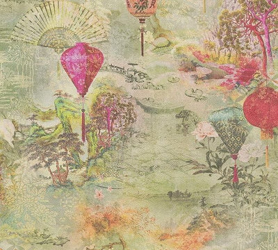 As Creation Beige/Green/Red Asian Fusion Lantern Wallpaper 374661