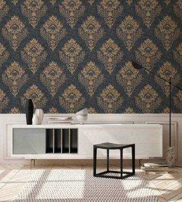 As Creation Bricoflor Damask Wallpaper Blue And Beige Flocked Wallpaper With Floral Patterns Antique Wallpaper 10.05 X 0.53 M from B&Q