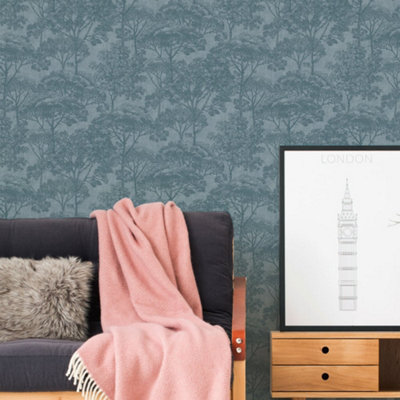 B&Q -  Havana Blue Tree Motif Textured Wallpaper