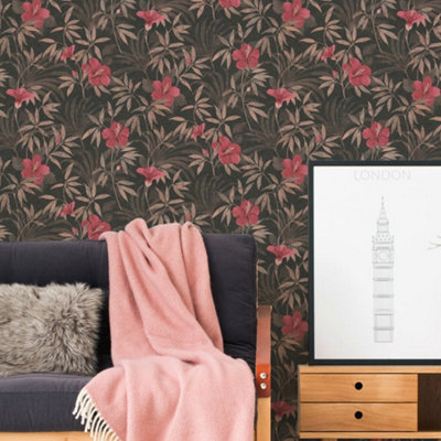 B&Q -  Havana Brown Red Floral Textured Wallpaper