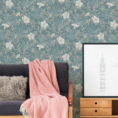 B&Q -  Havana Blue Beige Floral Textured Wallpaper