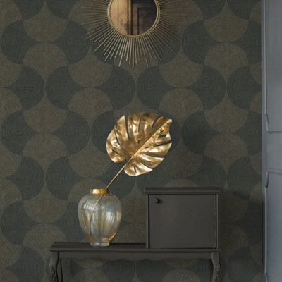 B&Q -  Havana Black Gold Mosaic Fan Textured Wallpaper