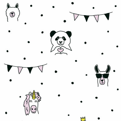 As Creation Bricoflor Llama Panda Unicorn Wallpaper In Black Pink White Party Animal Style Wallpaper 10.05 X 0.53 M from B&Q