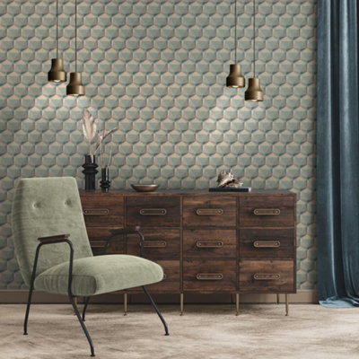 Galerie Fusion Blue Geometric Motif Wallpaper from B&Q