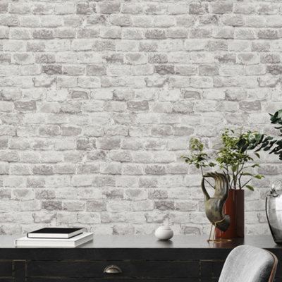 Galerie Silver Grey Brickshire Residents Motif Wallpaper from B&Q