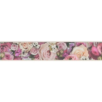 As Creation Red/Cream/Green Floral Rose Wallpaper Border Self Adhesive Vinyl Meter Size 5 B&Q