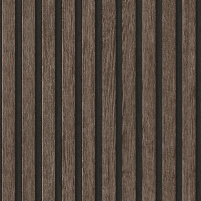 B&Q -  Wooden Slats Panelling 3D Wood Panel Stripe Non Woven Wallpaper Dark Oak Black 39109-3
