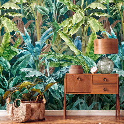 B&Q -  Bricoflor Tropical Leaves Wallpaper Blue Green Jungle Wallpaper With Banana Leaves Parrot Wallpaper 8,80 X 0,53 M