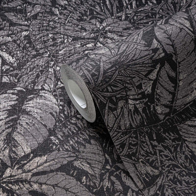As Creation Bricoflor Non-Woven WallpaperLeaf & Palm Wallpaper In BlackSilver10,05 X 0,53 M from B&Q