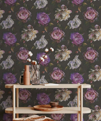 As Creation Bricoflor Non-Woven WallpaperFloral WallpaperVintage In BlackViolet10,05 X 0,53 M from B&Q