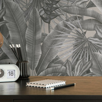 Galerie Welcome Home Silver Grey Tropical Leaves Wallpaper from B&Q