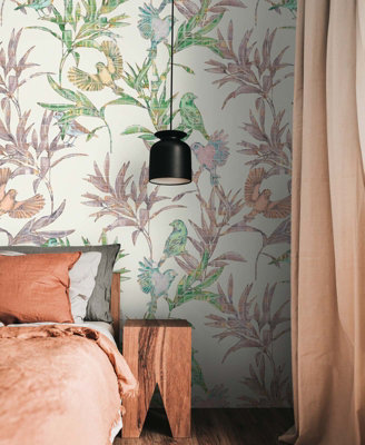As Creation Bricoflor Non-Woven WallpaperLeaf & Palm WallpaperBird MulticolouredGreenWhite1,59 X 2,8 M from B&Q