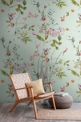 As Creation Bricoflor Non-Woven WallpaperFloral Wallpaper In BlueGreenPink1,59 X 2,8 M from B&Q