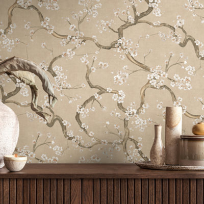 B&Q -  Blossom Flowers Beige Wallpaper 78199-2