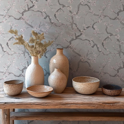 Galerie Horizon Grey Cherry Blossom Wallpaper from B&Q