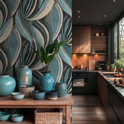 B&Q -  Horizon Blue Flowing Leaf Wallpaper