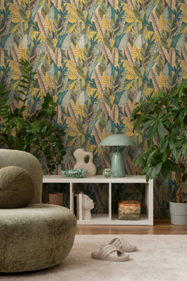 As Creation Bricoflor Non-Woven WallpaperLeaf & Palm WallpaperJungle & Tropical In YellowGreen10,05 X 0,53 M from B&Q