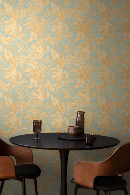 As Creation Bricoflor Non-Woven WallpaperLeaf & Palm WallpaperJungle & TropicalModernPattern In BlueGold10,05 X 0,53 M from B&Q