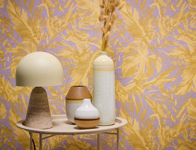 As Creation Bricoflor Non-Woven WallpaperLeaf & Palm WallpaperJungle & Tropical In GoldPurplePink10,05 X 0,53 M from B&Q