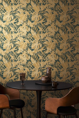 As Creation Bricoflor Non-Woven WallpaperLeaf & Palm WallpaperJungle & Tropical In GoldGreen10,05 X 0,53 M from B&Q