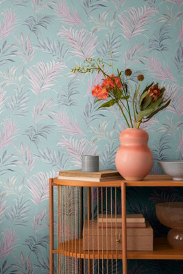 As Creation Bricoflor Non-Woven WallpaperLeaf & Palm Wallpaper In BluePink10,05 X 0,53 M from B&Q
