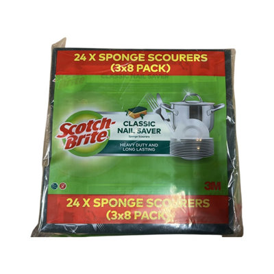 B&Q -  Scotch Brite Classic Nail Saver Sponge Scourers Pack Of 3 X 8 Dual Action Green & Yellow Heavy Duty Long Lasting Kitchen Cleaning