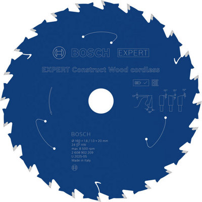Bosch Construct Wood Circular Saw Blade 160 X 1.6/1 X 20 mm T24 2608902209 from B&Q