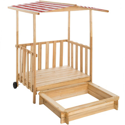 B&Q -  SandpitWith Seating Areas And SunshadePlay Deck With RailingTransport WheelsRed